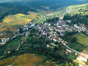 Vue aérienne de Pernand-Vergelesses et des vignobles alentour